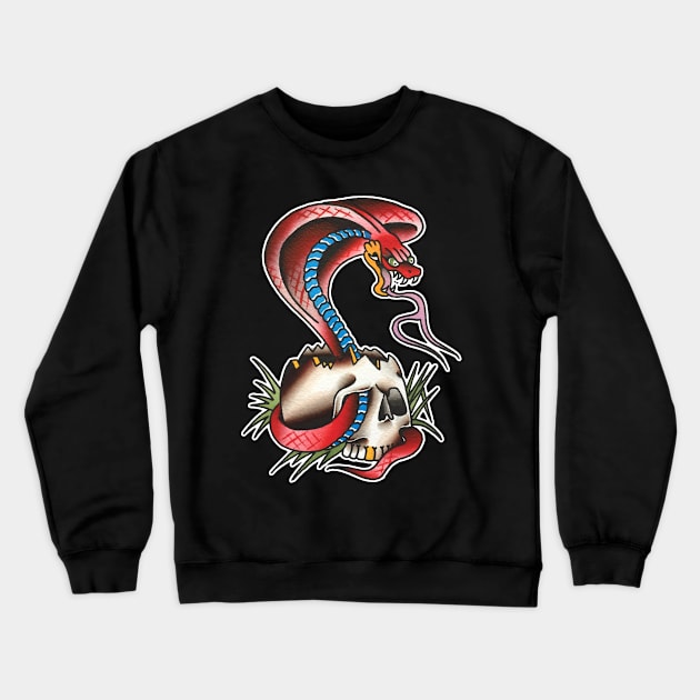 Red Cobra with Skull Tattoo Design Crewneck Sweatshirt by forevertruetattoo